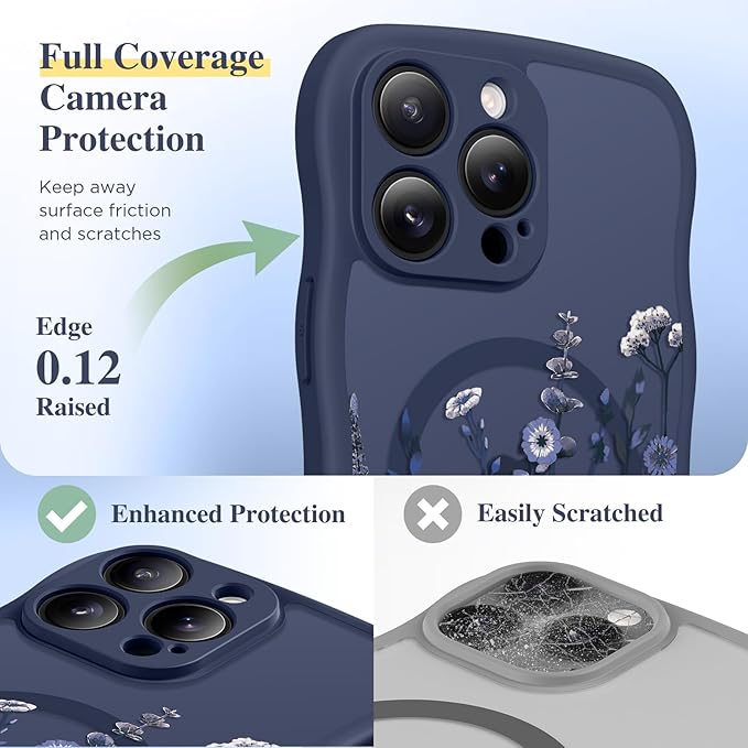 GVIEWIN for iPhone 15 Pro Max Case Compatible with MagSafe [Curly Wave Edge][Full Camera Protection] Floral Translucent Shockproof Magnetic Women Phone Case for 15 Pro Max 6.7'', Floratopia/Blue