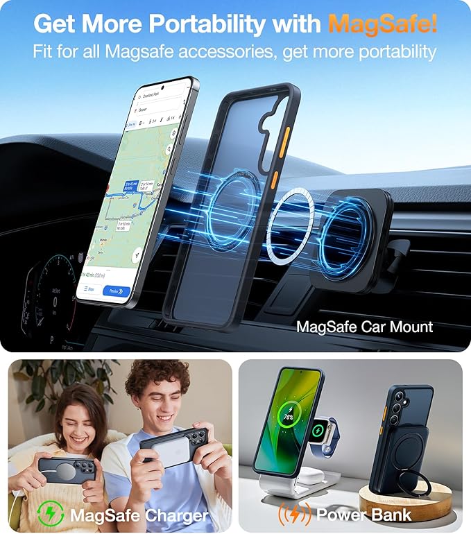 TORRAS Magnetic Shockproof for Samsung Galaxy S25 Case, Fit for MagSafe, 4X Military Grade Protection, Translucent Hard Back Slim Case for Samsung S25 Case, Anti-Fingerprint Anti-Scratch, Black