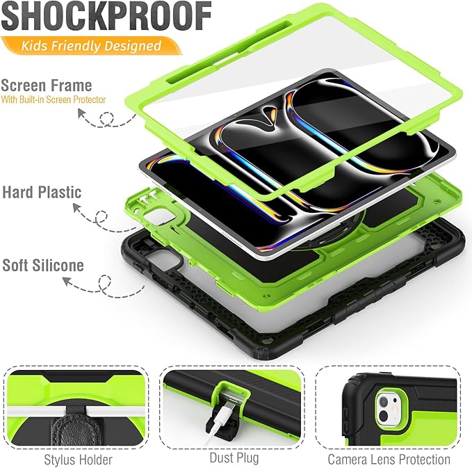 HXCASEAC for iPad Pro 13 Inch Case (M5/M4) 2025/2024, Shockproof Design with Pencil Holder, Protector, Rotating Stand, Hand Strap, Heavy Duty Protective iPad Pro13 Cover A3360 A3361 A2925 A2926,Green