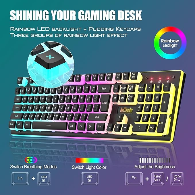 RedThunder K10 Wireless Gaming Keyboard and Mouse Combo, RGB Backlit Rechargeable 3800mAh Battery, Mechanical Feel Anti-ghosting Keyboard with Pudding Keycaps + 7D 3200DPI Mice for PC Gamer (Black)