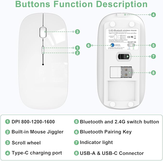 Wireless Mouse for MacBook Pro/Air, Bluetooth Rechargeable Mouse with USB-C, Slim Mouse Jiggler for iPad/iMac/Laptop/PC, 2.4G Dual Mode, Silent Click, Compatible Mac OS/Windows, White