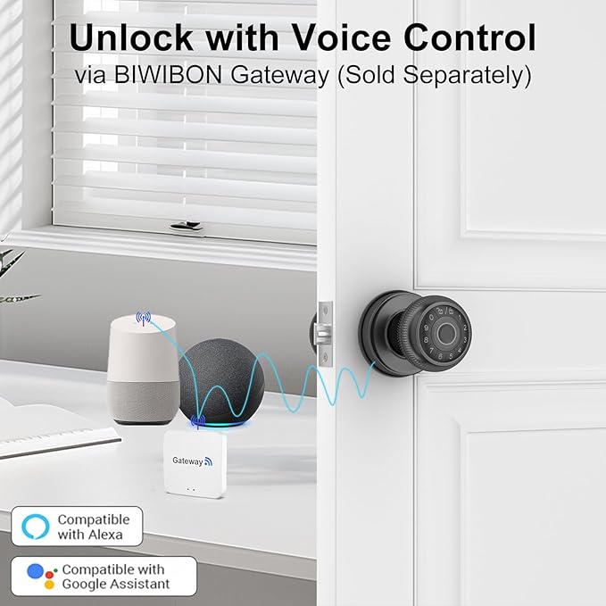 BIWIBON 4-in-1 Smart Door Knob, Fingerprint Door Knob with App Control, Smart Fingerprint Door Lock with Keypad, Real Privacy Mode, Auto Lock, Ideal for Home, Bedroom, Garages &Office, Black,1 Pack