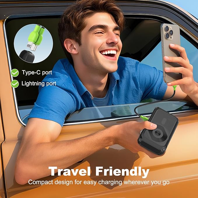 P05 Portable Charger, Magnetic Power Bank, Small Wireless PowerBank, Battery Pack 20000mAh Travel Essentials Fast Charging With Built in Cable, Foldable Wall Plug for iPhone,Samsung,Andriod
