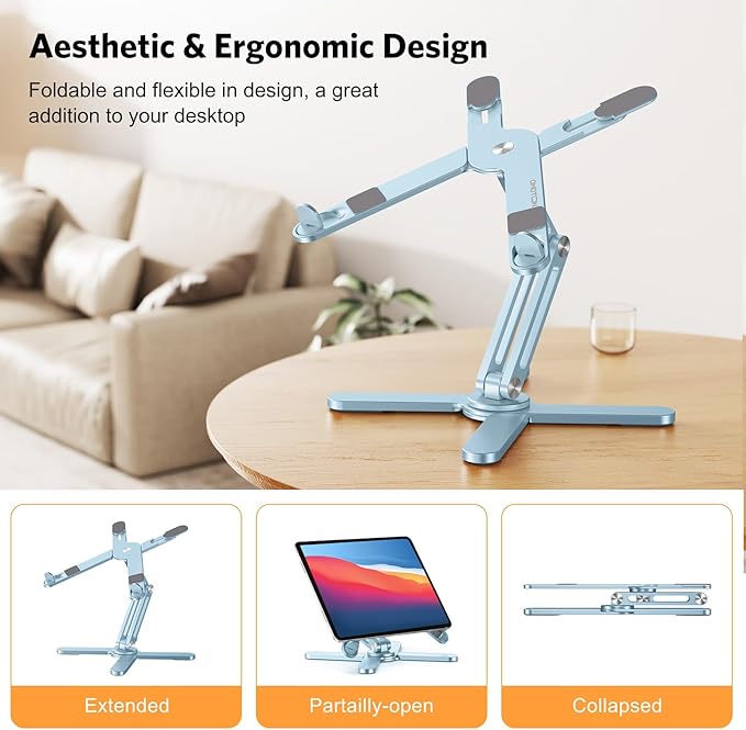 OMOTON 360° Rotating Laptop Stand Riser for Desk, Ergonomic Foldable Computer Stand Adjustable Height Angles for Collaborative Work, Easy Storage Fit Macbooks,All Laptops up to 16 inches,Sky Blue