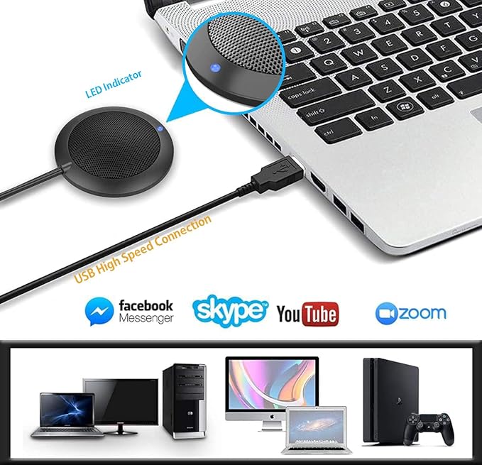 Conference USB Microphone, Computer Desktop Mic with LED Indicator, Plug & Play Omnidirectional Condenser PC Laptop Mics for Online Meeting, Class, Skype, Recording, Zoom, (No Speakers Included)