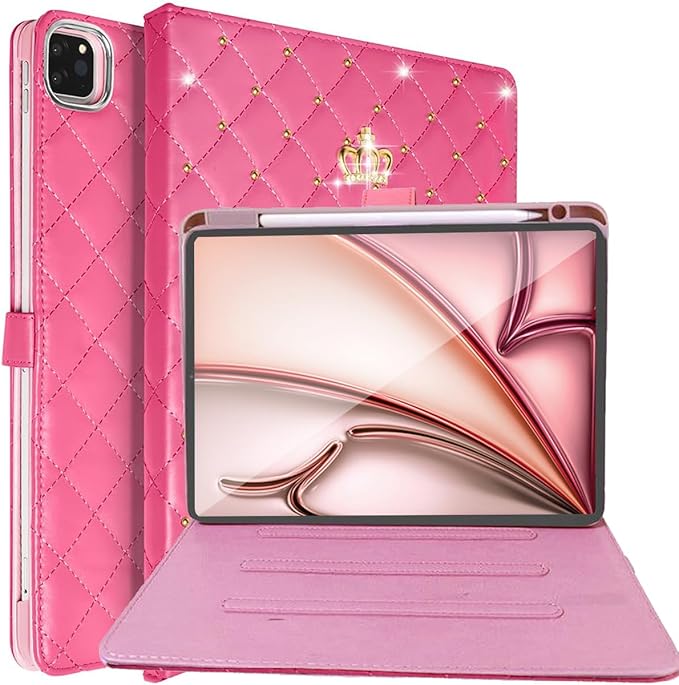 Changjia for iPad Air 11 Inch Case M4 2026/M3 2025/M2 2024,iPad Air 5th/4th Gen 10.9 Inch (2022/2020) with Pencil Holder,Girly Cute Crown Diamond Elegant Auto Sleep/Wake Stand Protective Case,Hot Pink