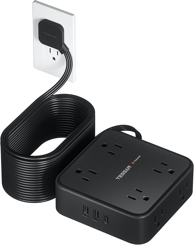 TESSAN Surge Protector Power Strip, 25 Ft Flat Plug Extension Cord with 3 USB (1 USB C) 8 Outlets, 1250W, 900J Protection, 3 Sided Outlet Extender with Power Switch for Office, Dorm Room, Black