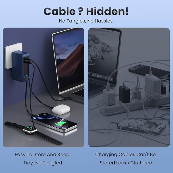 USB C Charger Block 120W with Built-in 2 Retractable Cables, 4-in-1 GaN IV Charger Fast Charging Foldable Plug Wall Charger,PD 65W Laptop Charger for MacBook,iPad,iPhone 17/16,Galaxy,Android-Dark Blue
