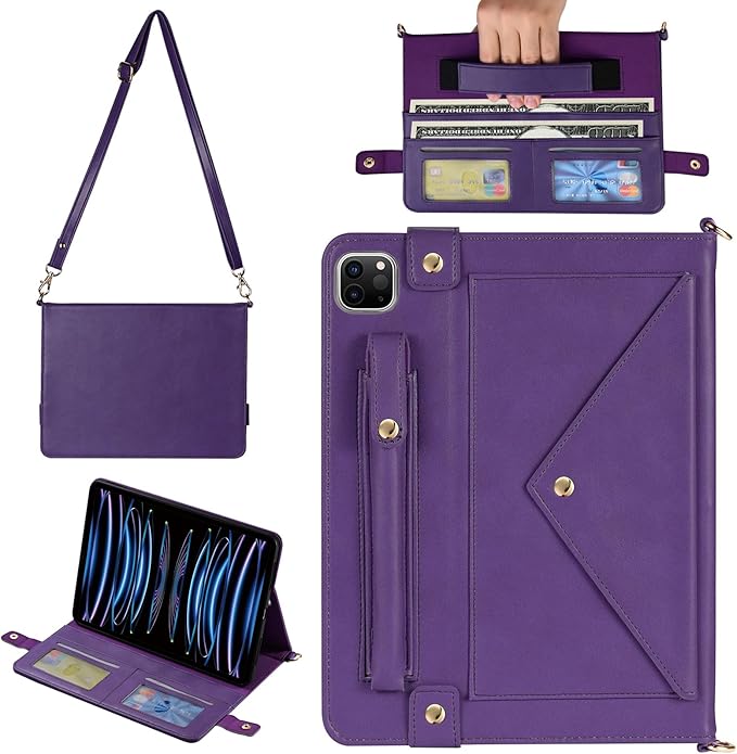 Handbag Case for iPad Pro 11" 2022/2021/2020 & iPad Air 11" M3 M2, Techcircle Folio Stand PU Leather Hand Strap Protective Cover, Crossbody Pencil Holder Card Slots Wallet Case, Purple
