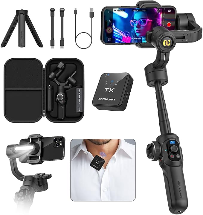S2 Mic Smartphone Gimbal Stabilizer w/Wireless Lavalier Microphone, Built-in 18cm Extension Rod & Fill Light, Professional 3-Axis Gimbal for iPhone & Android for Video Recording