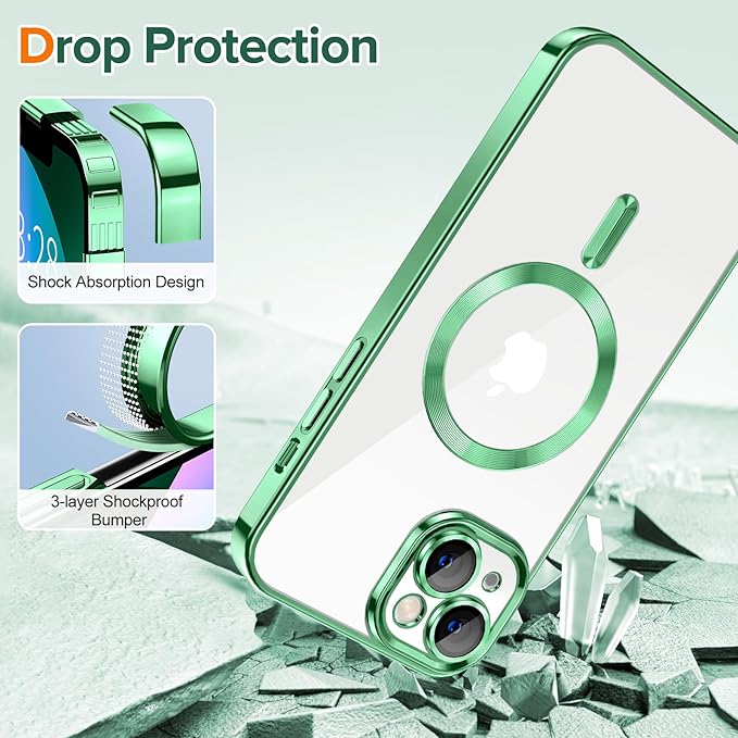 Hython Magnetic Clear for iPhone 13 Case with Camera Lens Protector [Compatible with MagSafe] Luxury Plating Edge Slim Soft TPU Cover Protective Phone Case for iPhone 13 6.1", Light Green