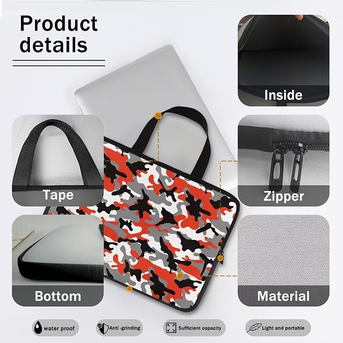 17 Inch Red Camo Laptop Sleeve, Protective Tablet Case with Handle, Water Resistant Zipper Computer Bag Carrying Case Notebook Cover Messenger Briefcase, Gifts for Men Women