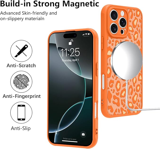 KANGHAR Case for iPhone 16 Pro Max Orange Leopard Printed Pattern Cute Cheetah [Compatible with Magsafe] Protective Magnetic Case for Girls Women 6.9"
