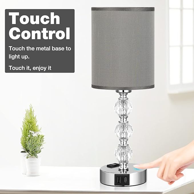 Grey Touch Bedside Lamps for Bedrooms - Crystal Table Lamp with USB C+A Charging Port and AC Outlet Nightstand, 3 Way Dimmable Silver Small End Side Table Lamp for Living/Guest/Dinning Room/Kitchen
