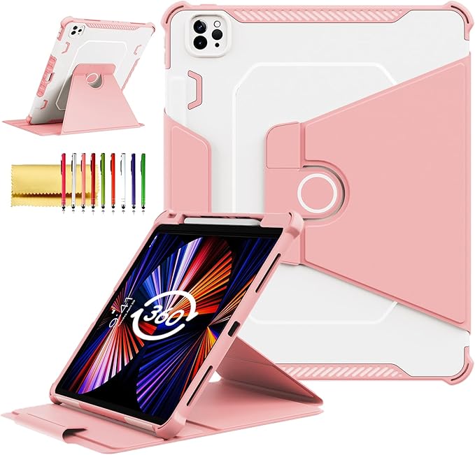 Rotating Case for iPad Pro 12.9" 6th/5th/4th Gen 2022/2021/2020 Smart Cover with Pencil Holder, Techcircle Hybrid TPU+PC Magnetic Cover Soft Bumper Slim Folio Shockproof Protective Case-Baby Pink