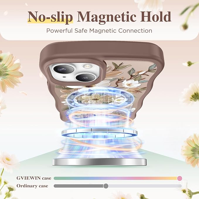 GVIEWIN Cute for iPhone 14 Case & iPhone 13 Case [Compatible with MagSafe] [Curly Wave Edge] Floral Translucent Magnetic Shockproof Protective Phone Cover for iPhone 14/13 6.1'', Dogwood/Brown