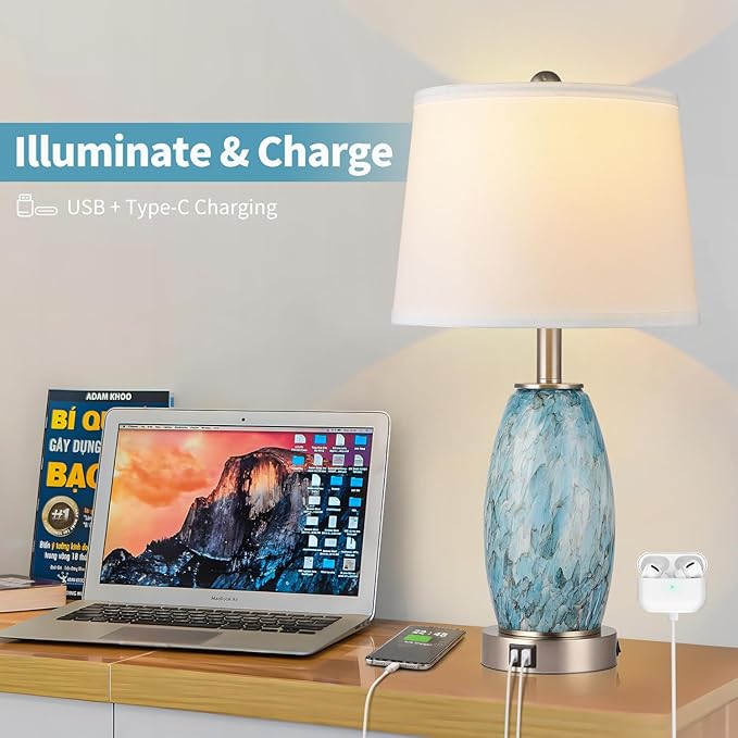 Lovlast Table Lamps Set of 2 with 3-Way Lighting Modes, USB & Type C Ports - Coastal Modern Style Glass Nightstand Lamps for Living Room & Bedroom Decoration (23.5" H)