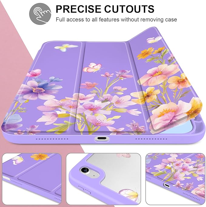 Case for iPad Air 13 inch 2026 M4 2025 M3 2024 M2 Release Slim Lightweight Shockproof Cute Violet Cover with Clear Back TPU Edge Pencil Holder Trifold Stand Auto Wake Sleep, Watercolor Flower