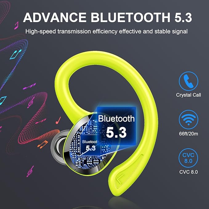 Wireless Earbuds Bluetooth Headphone Sport, Bluetooth 5.3 Earbud 3D HiFi Stereo Over Ear Buds, 48Hrs Earhooks Earphone with Noise Cancelling Mic, IP7 Waterproof Headset for Workout/Running/Gym