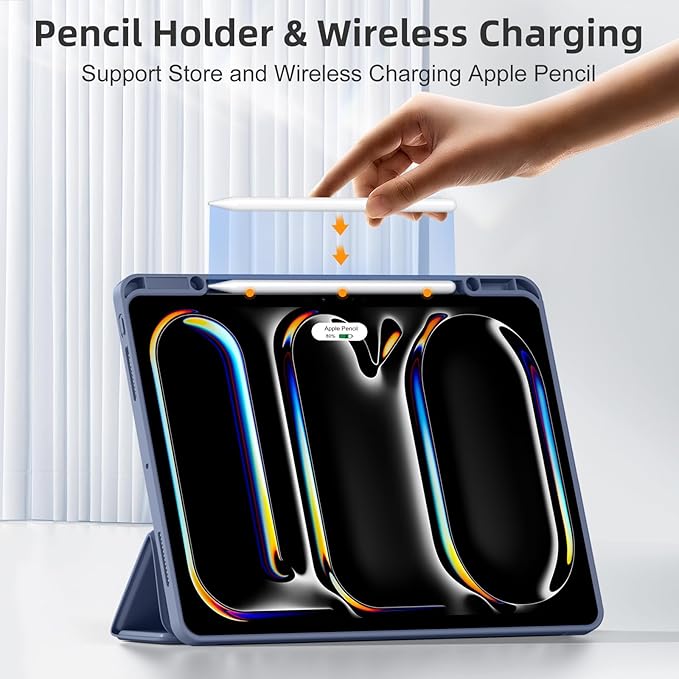 Compatible with iPad Pro 13 Inch Case M5 2025/ M4 2024, Soft TPU Back Cover for iPad 13 Pro Case, with Pencil Pro & (USB-C) Holder, Trifold Stand, Auto Wake/Sleep, Blue Gray