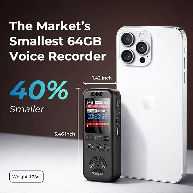 64GB Digital Voice Recorder, Small Voice Activated Recorders with Playback, 1536Kbps Audio, 70dB Noise Reduction, A-B Repeat Recording Device Portable Mini for Lectures, Meetings, Interview etc