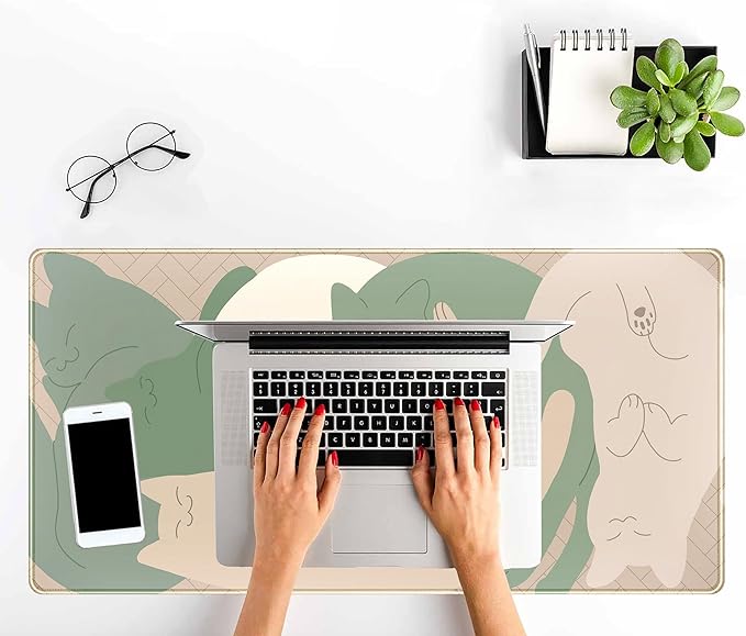 Cute Sleeping Cats Desk Mat Matcha Green Desk Pad, Minimalist Boho Mouse Pad XXL, Cream Tan Gaming Deskmat, Large Kawaii Keyboard Mat, Fun Office Decor Desk Accessories for Women 31.5"x15.75"