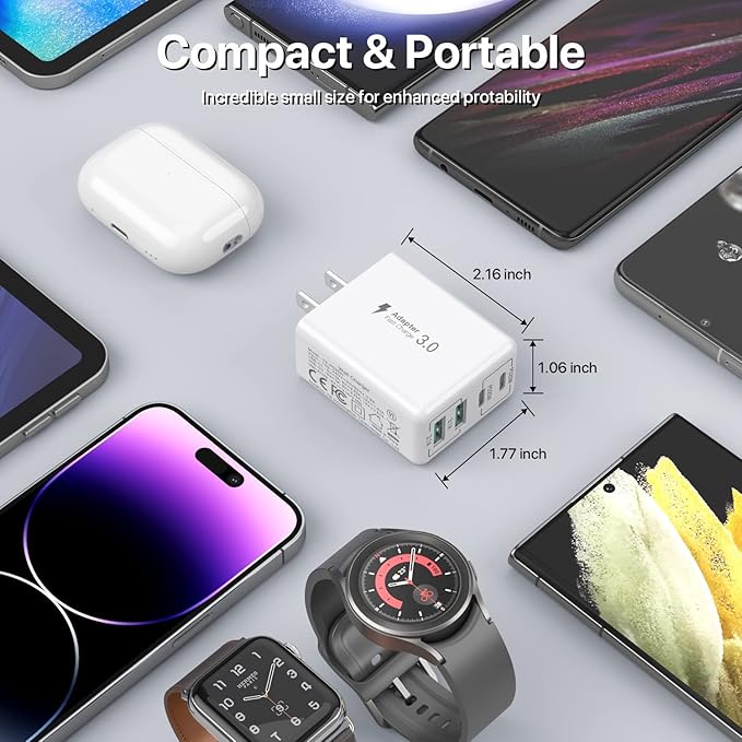 [3-Pack] USB C Wall Charger, 40W 4-Port USB C Charger Block,Fast Charging Block Dual Port PD+QC Wall Plug Multiport Type C Compatible with iPhone 14/13/12/11/Pro Max/XS/XR/8, Samsung Phone,Tablet