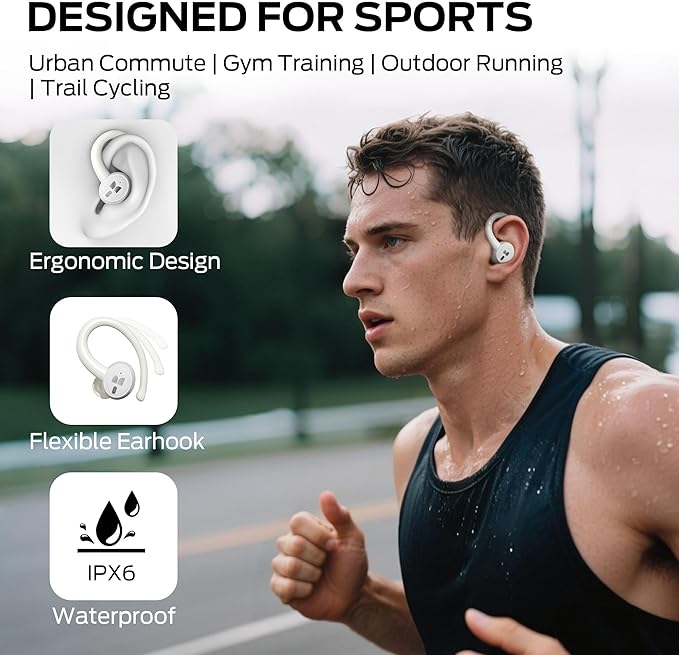 Monster N-Lite 216 Wireless Earbuds, Sports Earbuds with Earhooks, Noise Cancelling Headset, Stereo Deep Bass Over Ear Buds 48H Playtime, IPX6 Waterproof Earphones for Running/Workout（White）