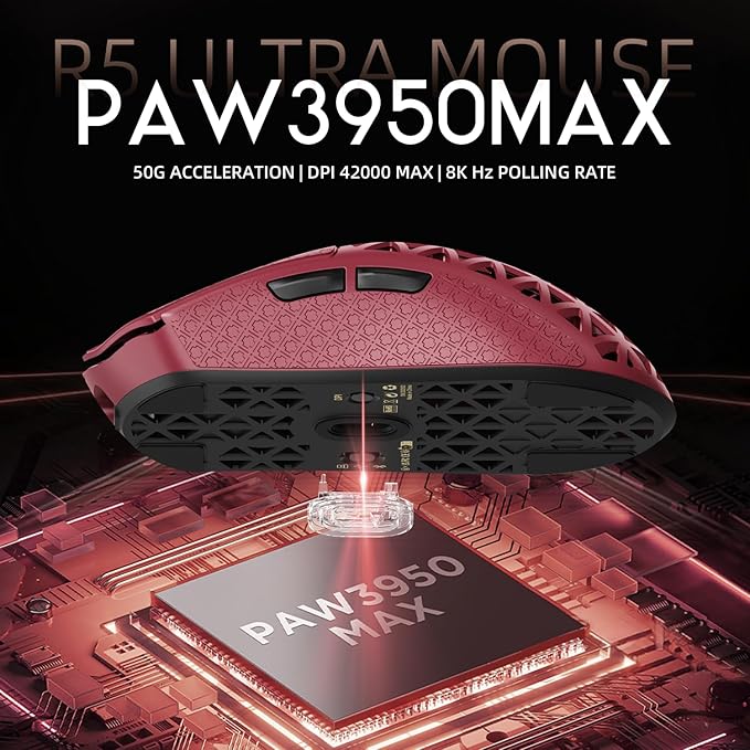 R5Ultra 8K Carbon Fiber Wireless Gaming Mouse with 42000 DPI -PAW3950 MAX Sensor -39g Ultra-Lightweight-Nordic 52840 MCU Chip-Wired/BT/2.4GHz Wirelss Programmable Mouse Tape for PC/Mac (Red)
