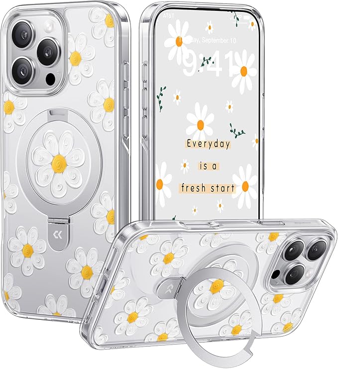 CASEKOO Floral Series Oil Painting Daisy for iPhone 16 Pro Max Case with Magnetic Ring Stand [Compatible with MagSafe] [Military-Grade Protection] Fashion Clear Back, Soft Edge, for Women