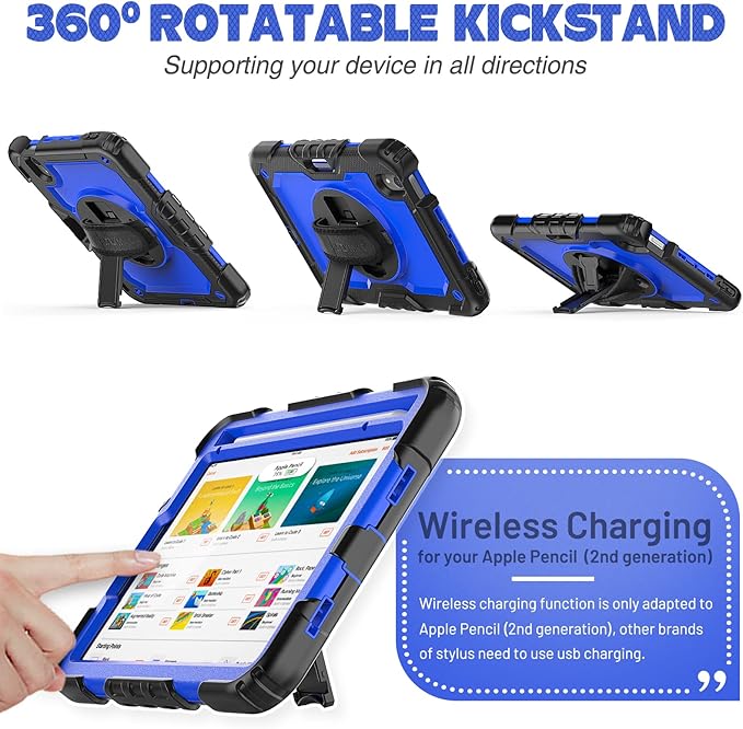 SEYMAC stock Case for iPad mini 7 (A17 Pro) 2024/ Mini 6 8.3'' with Screen Protector Pencil Holder [360 Rotating Hand Strap] &Stand, Drop-Proof Case for iPad mini 7th/6th Generation 8.3", Blue+Black