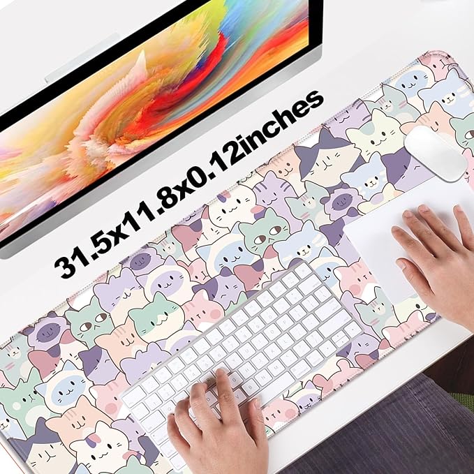 Cute Pink Cat Gaming Desk Mat, Computer Keyboard Large Extended Kawaii Pastel Cat Mouse Pad for Office and Home, 31.5×11.8 Inches, XL
