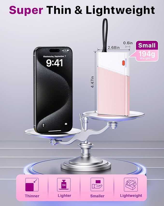 Aaoyun Portable Charger Power Bank, 10000mAh 22.5W PD Fast Charging Powerbank with Built-in USB C Cable, Slim External Phone Battery Pack for iPhone 17/16/15 Samsung S24 Android etc (Pink)