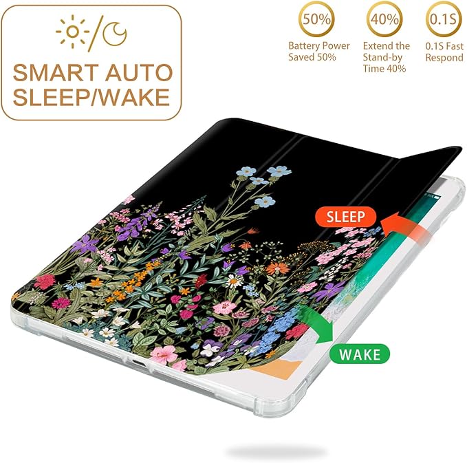 for iPad Air 2/1 Case, for iPad 5Th/6Th Generation Case 2017/2018, Slim Cover for iPad Cases 5th/6Th Generation 9.7-inch, Pencil Holder, 2 Viewing Angles, Typing Stand, Black Flower Art