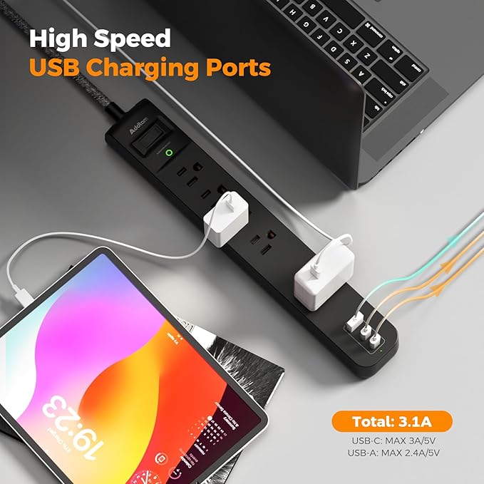 10Ft Long Surge Protector Power Strip - Extension Cord with Multiple Outlets, 5 Widely Outlets 3 USB Charging Ports, Flat Plug Overload Surge Protection, Wall Mount for Home, Office ETL Listed, 2 Pack