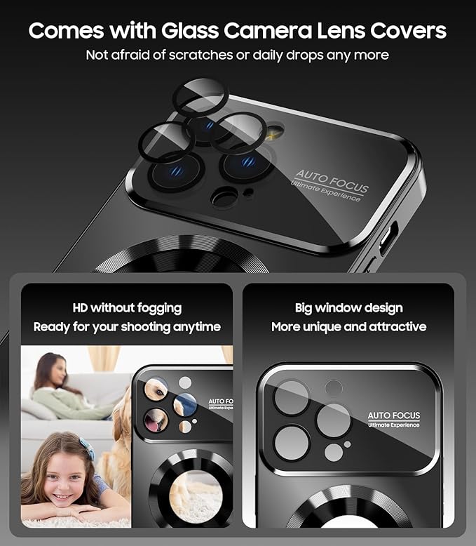 MAKAVO Magnetic for iPhone 13 Pro Max Case, Compatible with MagSafe, Built-in Camera Lens Protector, Logo View, Military Grade Drop Proof Phone Case Cover, Black