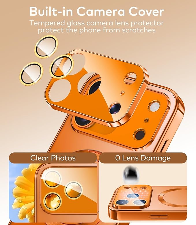 TOBOVON Magnetic for iPhone 17 Pro Case with Ring Stand, Fits MagSafe, with Built-in Camera Cover, Slim Electroplated Shockproof Phone Case, Orange