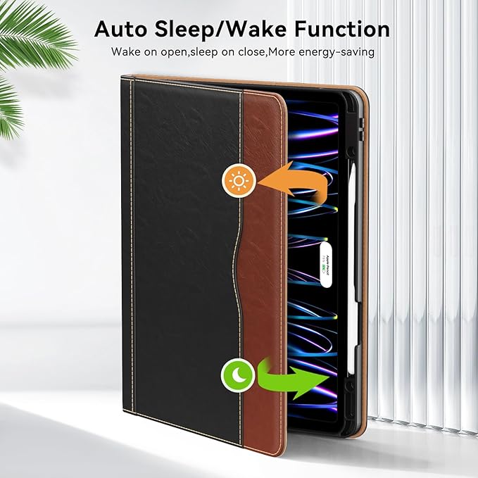 Zonefoker Case for New iPad Pro 12.9 inch 6th/5th/4th/3rd Generation 2022/2021/2020/2018, 12.9'' ipad Pro Leather Folio Protective Cover 6/5/4/3 Gen with Pencil Holder, Auto Wake/Sleep, Brown Black