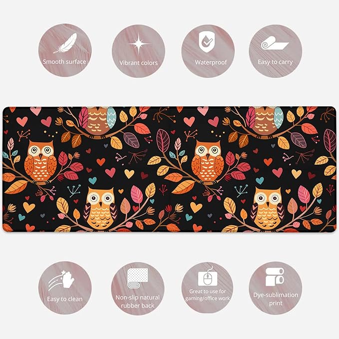 Colorful Owl and Heart Gaming Mouse Pad, Large Desk Mat with Autumn Leaves for Laptop Keyboard Computer, Non-Slip Rubber Base Desktop Extended Mousepad for Office Home Accessories 31.5"×11.8"