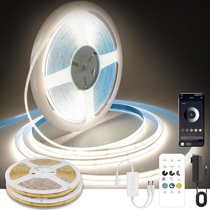Pandery COB LED Strip Lights Natural White,24V Dimmable led Light Strip KIT with Remote and app Control,4000K 50FT/15m 8mm Wide Ra>90 Cuttable Flexible Strip Lights for Bedroom,Wardrobe,Cabinet