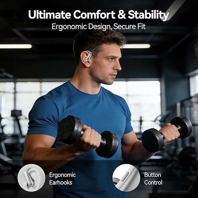Wireless Ear Buds with Ear Hooks Bluetooth 6.0 Headphones,48H Playtime,Over Ear Buds with LED Power Display,IPX6 Waterproof for Sport Workout Running (Silvery)