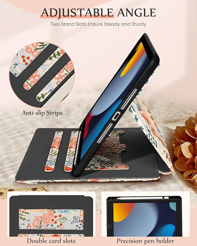 Uppuppy for iPad 9th/8th/7th Generation Case 10.2'' - for Women Girls Cute Embroidered Folio Stand Cover with Pencil Holder & Card Slot Girly Floral Flowers Design Aesthetic Cases for iPad 7th/8th/9th