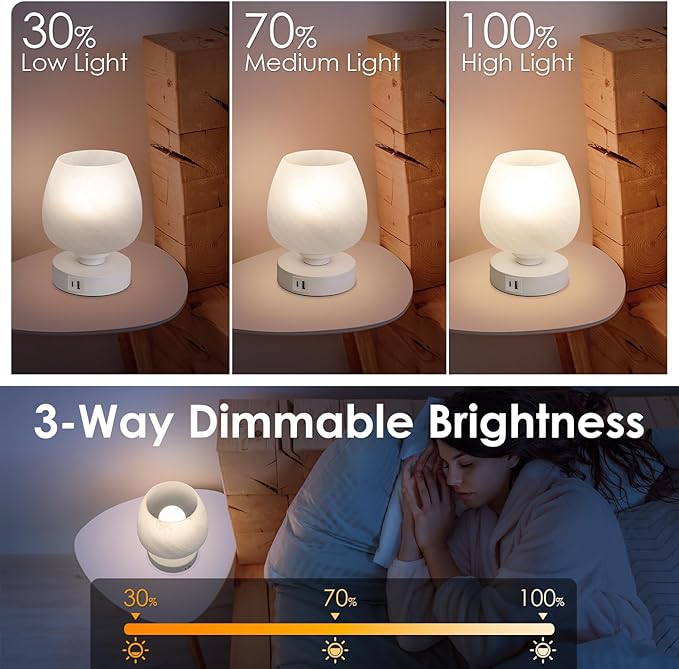 Bedside Table Lamp - Touch Small Lamp for Bedroom Nightstand, 3-Way Dimmable, USB A+C Charging Ports, White Opal Glass Shade, Warm LED Bulb Included