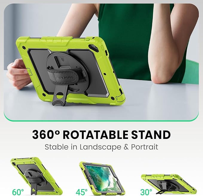 SEYMAC Case for iPad 6th/5th Generation 9.7 Inch, Full-Body Shockproof Heavy Duty Protective Case with Screen Protector, Rotating Stand/Hand/Shoulder Strap for iPad Air 2/ Pro 9.7, Green