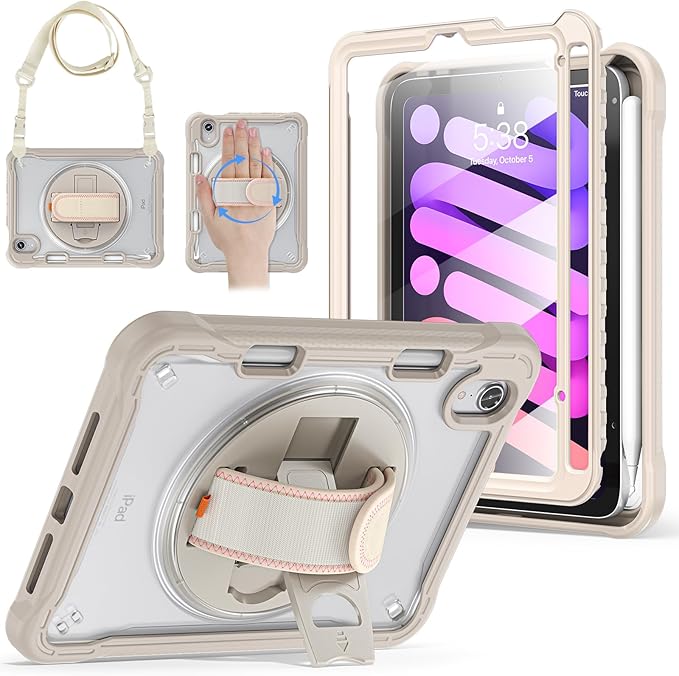 BRAECNstock Case for iPad mini 7 (A17 pro) 2024 & Mini 6 2021 8.3-inch,Shockproof Protective Cover with Pencil Holder,Screen Protector,360° Rotating Hand Strap/Stand-Khaki