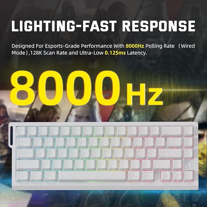 ATTACK SHARK X68 PRO HE Wireless Rapid Trigger Gaming Keyboard with Adjustable Actuation,8K Polling Rate,Hall Effect Magnetic Switch,Hot-Swap,RGB Backlit,BT/2.4GHz/Wired,for FPS Games-White