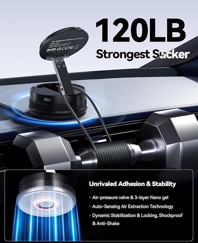 2026 Upgraded 15W MagSafe Car Mount Charger,Magnetic Wireless Car Charger,360° Rotatable Strong Hold Car Phone Mount with Vacuum Suction Cup & Nano Adhesive Base for iPhone 17 16 15 14 13 12,Samsung