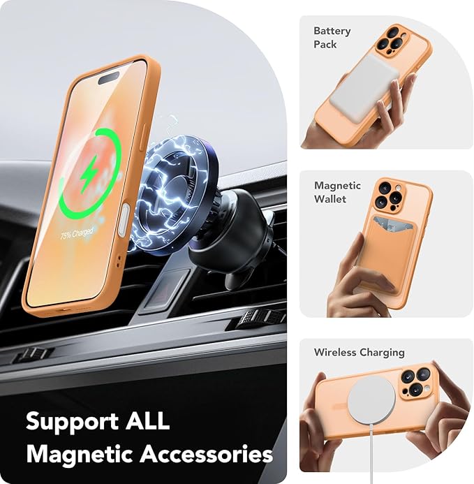 CAPRARO Magnetic Compatible with iPhone 16 Pro Max Case, Upgraded [Full Camera Protection] [Compatible with MagSafe] Protective Translucent Matte Women Phone Case Cover, Light Orange