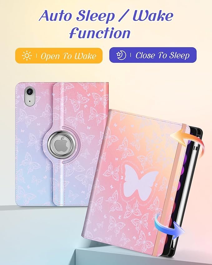 Kidcube for iPad mini 7 Case A17 Pro 2024, for iPad mini 6th Generation Case 8.3 Inch - Women Girls Kids Cute Rotating Stand Folio Cover with Pencil Holder & Card Slot Girly Kawaii Butterfly Cover