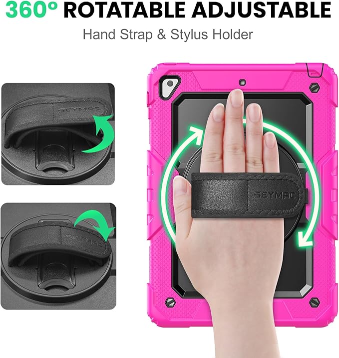 SEYMAC Case for iPad 6th/5th Generation 9.7 Inch, Full-Body Shockproof Heavy Duty Protective Case with Screen Protector, Rotating Stand/Hand/Shoulder Strap for iPad Air 2/ Pro 9.7, Pink